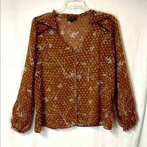 Bobeau Women’s Dark Gold Floral Sheer Blouse Size XL Button Front V Neck